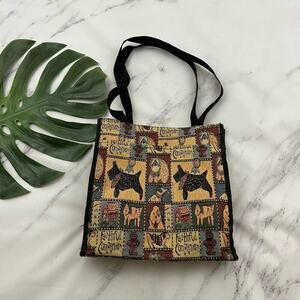 Vintage 90s Tapestry Tote Bag Purse Faithful Companion Dog Puppy Brown